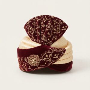 Maroon & Cream Velvet Groom Safa with Gold Foil Print & Embroidery