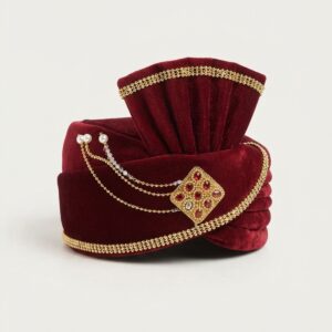 Maroon Velvet Groom Safa with Gold Trim Brooch & Beaded Chains