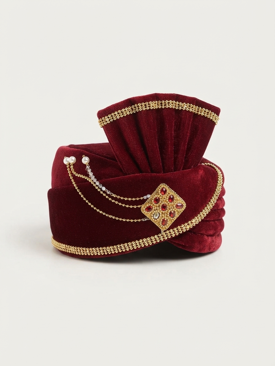 Maroon Velvet Groom Safa with Gold Trim Brooch & Beaded Chains
