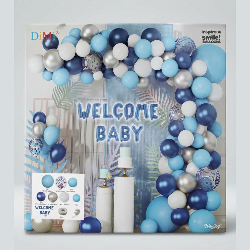 Welcome Baby Blue, Silver & White Metallic Balloon Theme