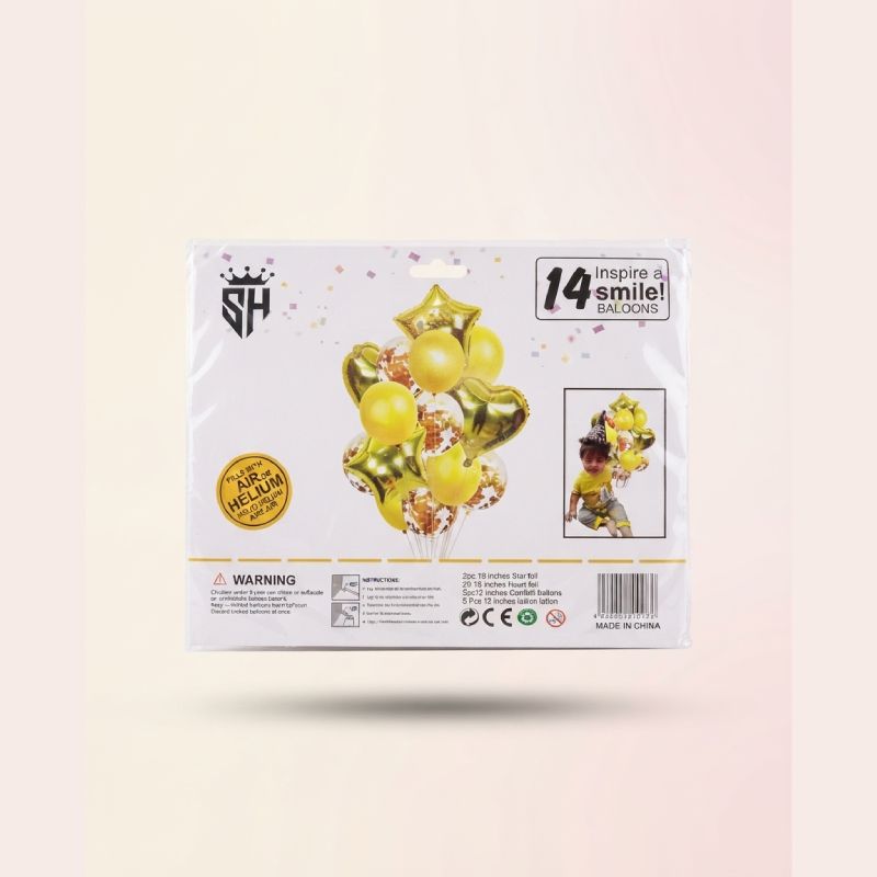 14-Piece Golden Confetti Balloon Set Gold Star, Heart & Metallic Balloons