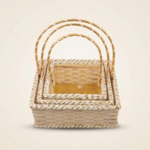 3-Piece Handcrafted Square Cane Gift Basket Set with White & Gold Detailing
