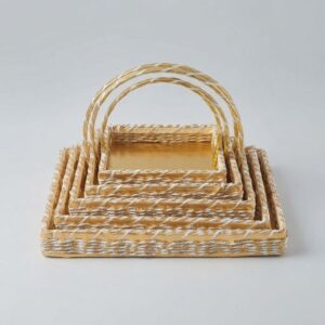 5-Piece Handcrafted Square Decorative Gift Basket Set with Golden Braided Trim
