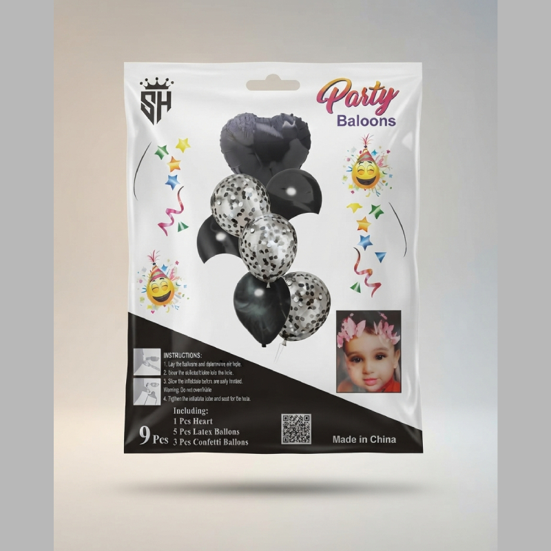 9-Piece Black & Silver Confetti Party Balloon Set