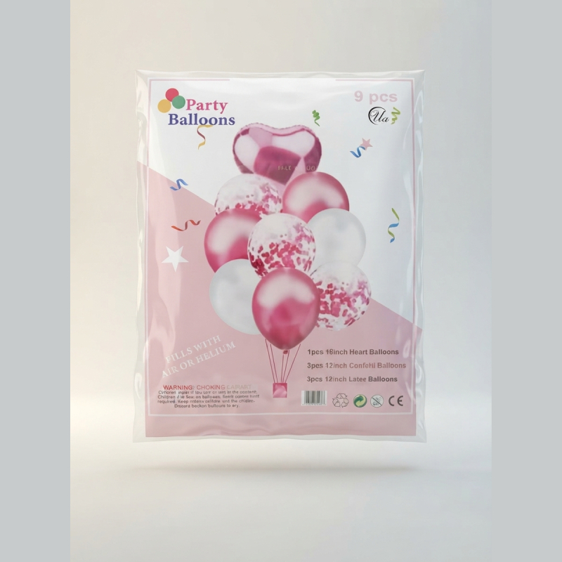 9-Piece Pink Confetti & Foil Heart Party Balloon Set