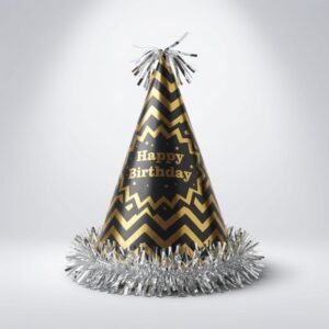 Black & Gold Zig-Zag Happy Birthday Cone Party Hat 1 Piece