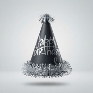Black Happy Birthday Cone Party Hat Silver Tinsel 1 Piece