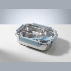 Blue-Trimmed Stainless Steel Lunch Box with Clear Lid & Spoon