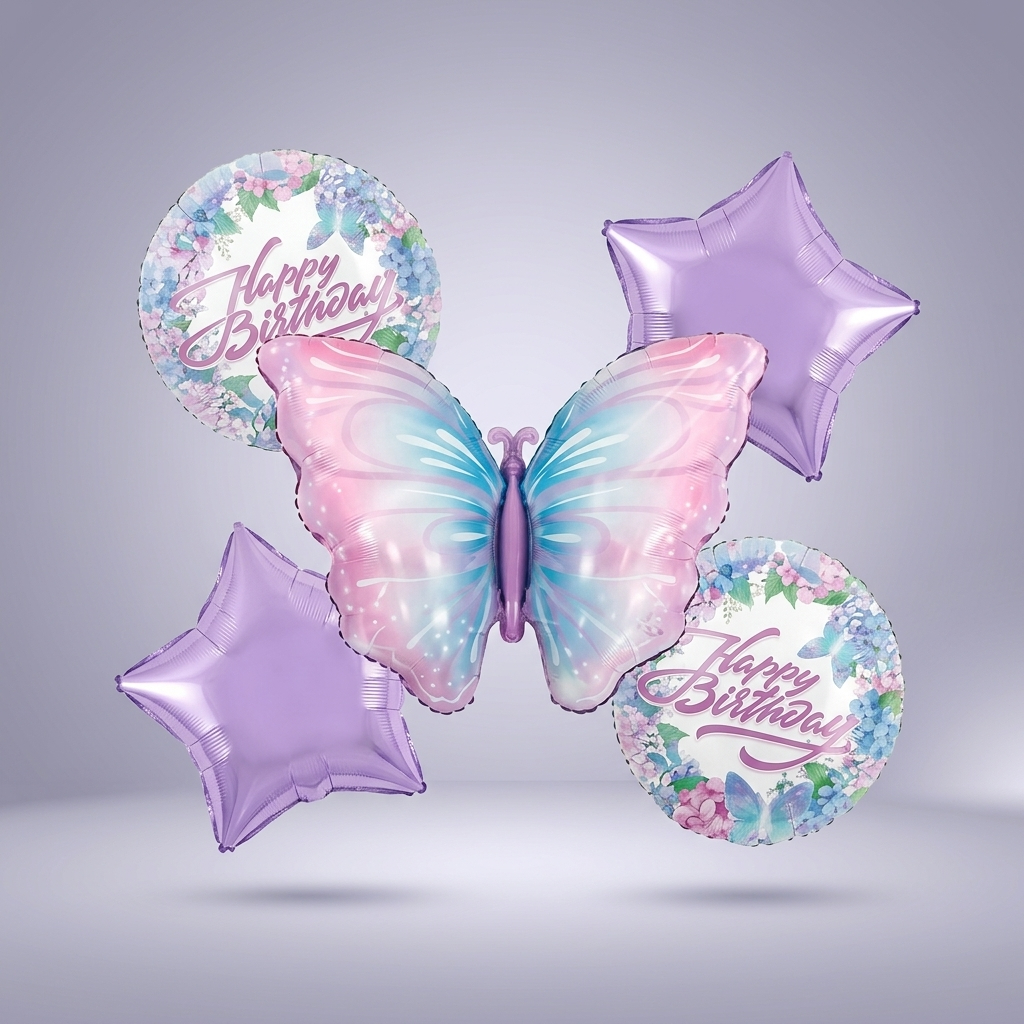Butterfly Foil Balloon Set 5 pcs, Pastel Happy Birthday Party Decoration