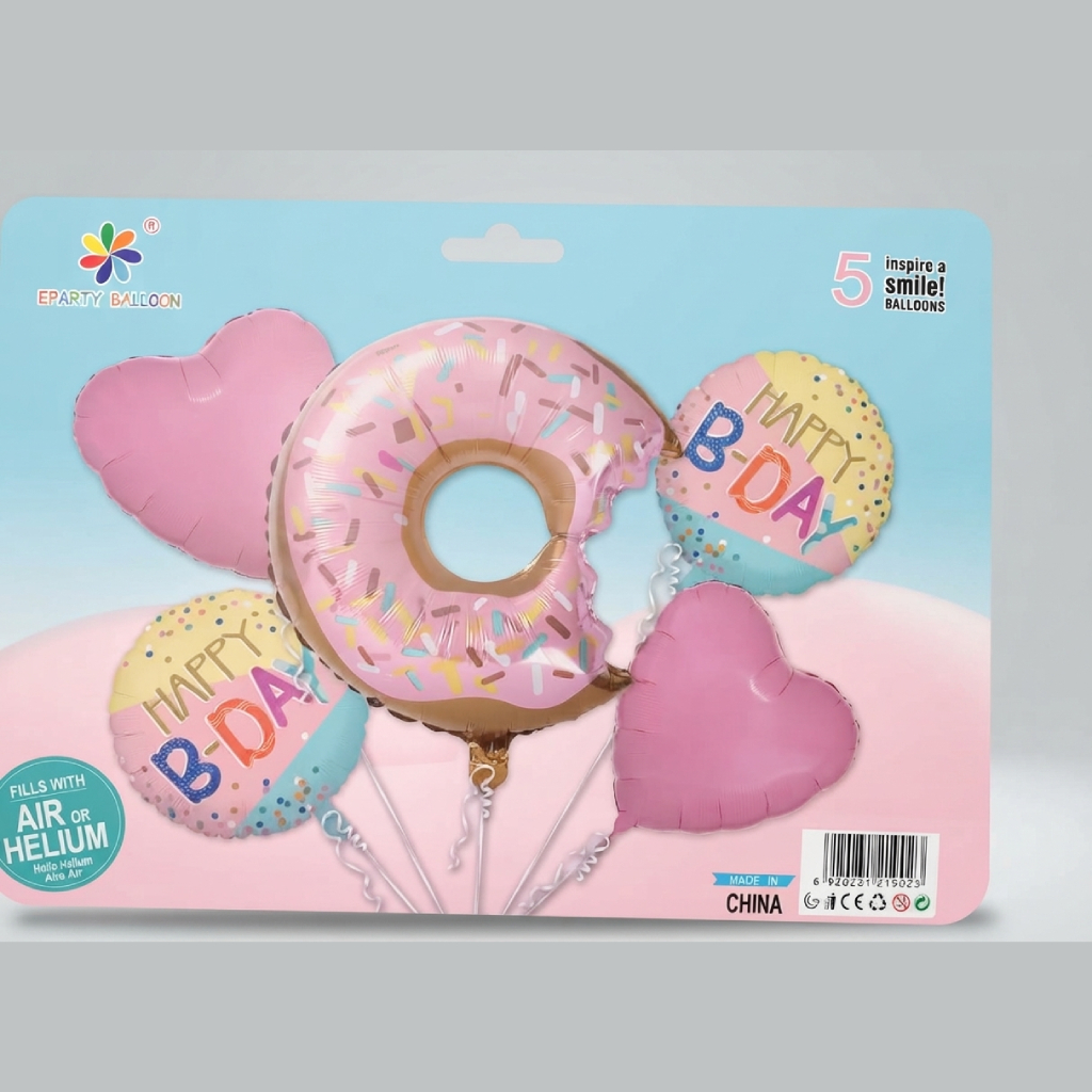 Donut Foil Balloon Set 5pcs Pink Donut Birthday & Party Decoration