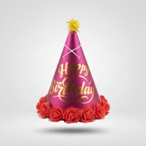 Gold Script & Rose Trim Pink Happy Birthday Cone Party Hat