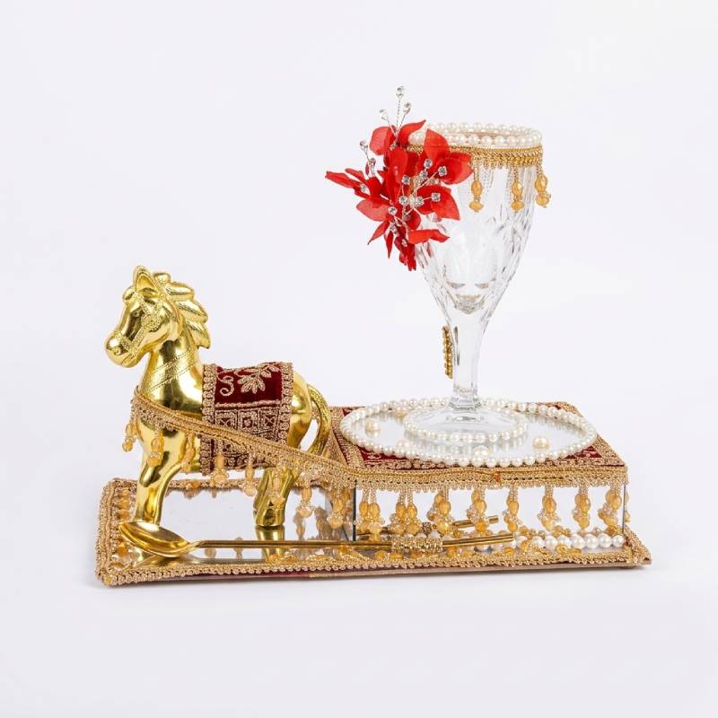 Golden Horse Buggy Doodh Pilai Glass & Mirror Tray Set