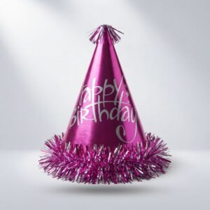 Magenta Happy Birthday Party Hat with Silver Text & Tinsel Trim