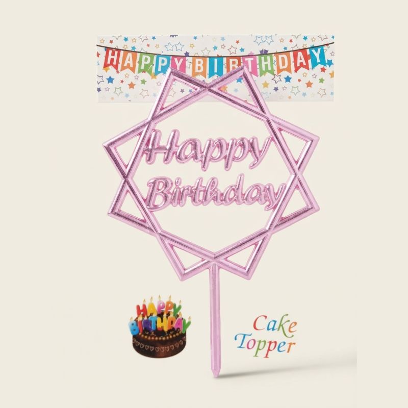 Pink Acrylic Happy Birthday Cake Topper Geometric Star Design