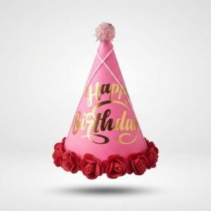 Pink Happy Birthday Cone Party Hat Gold Foil & Red Rose Trim