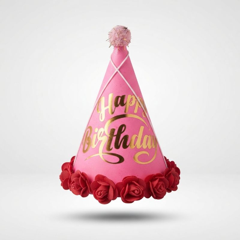 Pink Happy Birthday Cone Party Hat Gold Foil & Red Rose Trim