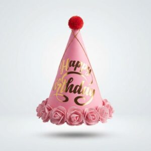 Pink Happy Birthday Cone Party Hat Gold Script & Rose Trim