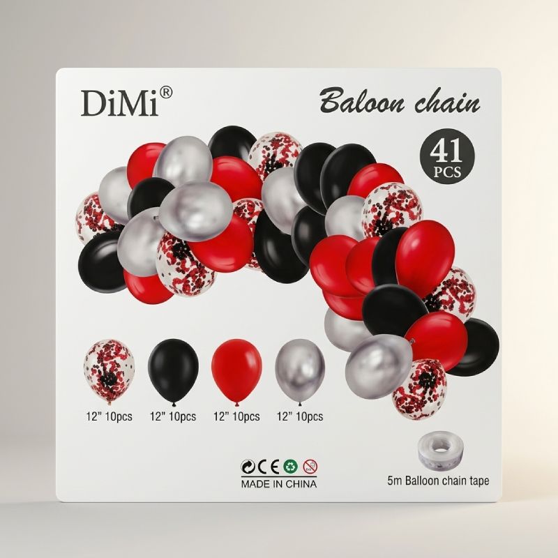 Red Black, White & Confetti Balloon Chain Set 41 Pieces Lawat Co.