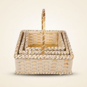 Set of 3 Handcrafted Square Cane & Ribbon Gift Basket Set