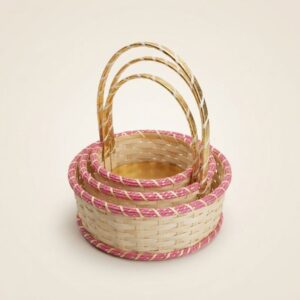 Set of 3 Round Hand-Woven Cane Baskets with Pink & Gold Accents
