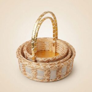 Set of 3 Round Handcrafted Cane Gift Baskets with Silver & Gold Accents