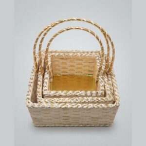 Set of 3 White & Gold Woven Square Gift Hamper Baskets with Arched Handles