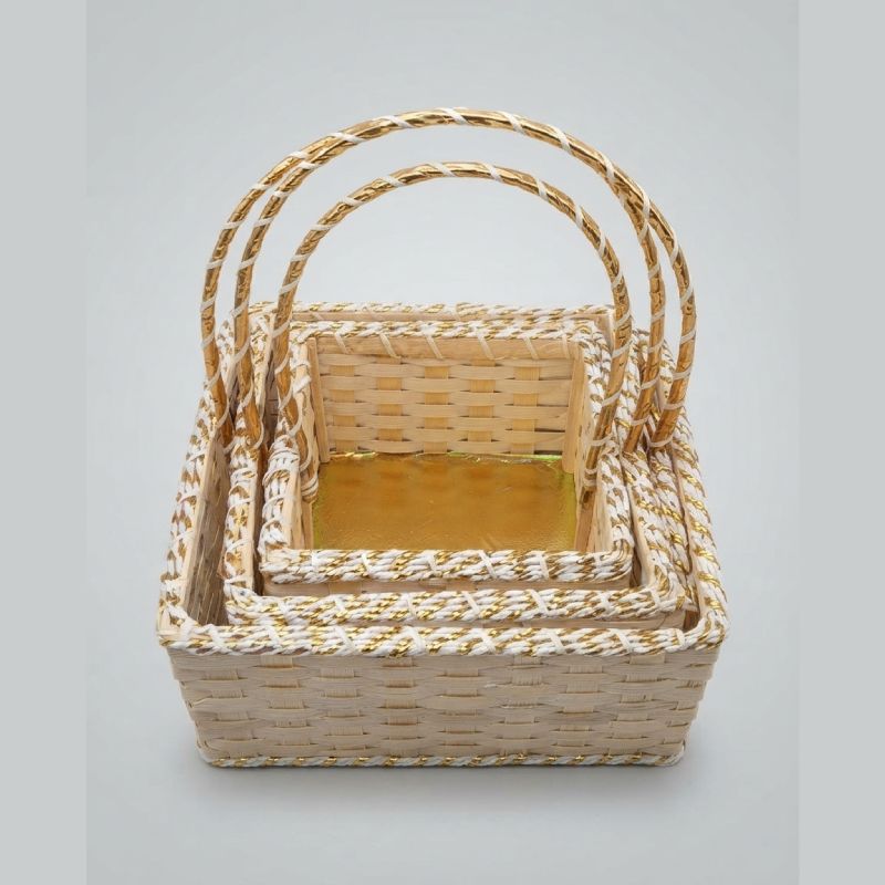 Set of 3 White & Gold Woven Square Gift Hamper Baskets with Arched Handles