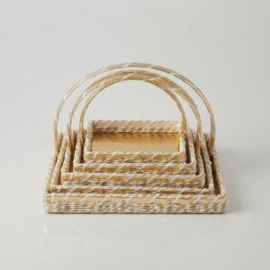 Set of 5 Handcrafted Metallic Gold Square Gift Baskets with White Braided Trim