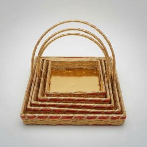 Set of 5 Handmade Golden & Red Decorative Gift Baskets with Handles