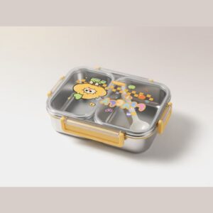 Stainless Steel Kids Cartoon Lunch Box with Transparent Lid & Yellow Clips