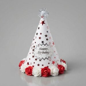 White Happy Birthday Cone Party Hat, Red Roses & Silver Glitter