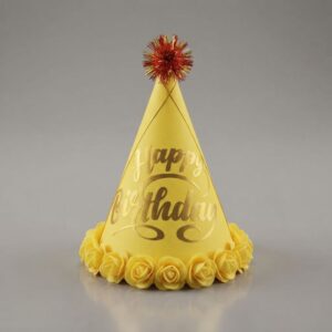 Yellow Happy Birthday Cone Party Hat, Gold Crown, and Pom-Pom